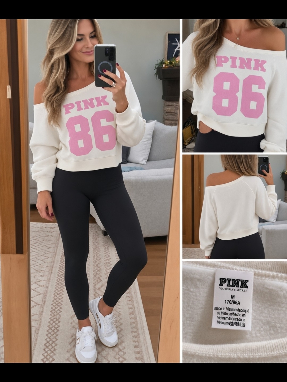 PINK Victoria's Secret Off-Shoulder 86 Logo Sweatshirt — White with Pink Print